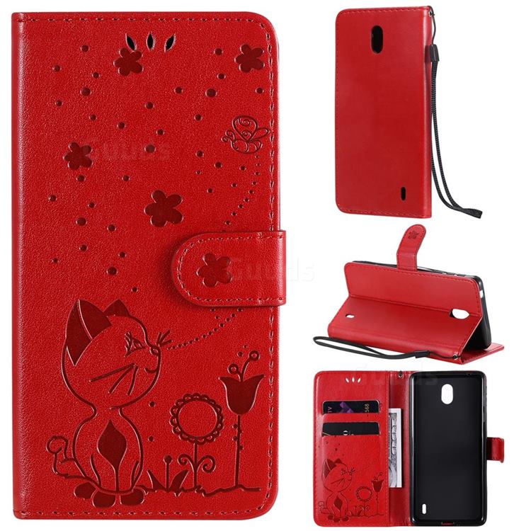 Embossing Bee and Cat Leather Wallet Case for Nokia 1 Plus (2019) - Red