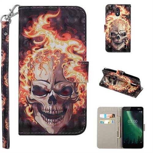Flame Skull 3D Painted Leather Phone Wallet Case Cover for Nokia 2