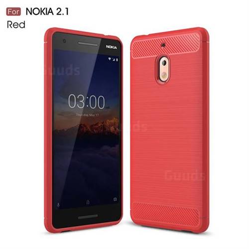 Luxury Carbon Fiber Brushed Wire Drawing Silicone TPU Back Cover for Nokia 2.1 - Red