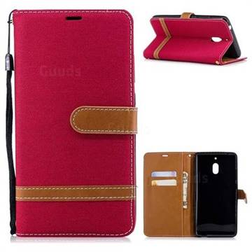 Jeans Cowboy Denim Leather Wallet Case for Nokia 2.1 - Red