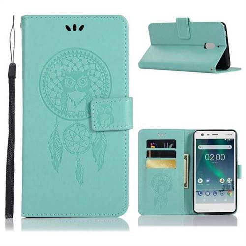 Intricate Embossing Owl Campanula Leather Wallet Case for Nokia 2.1 - Green