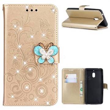 Embossing Butterfly Circle Rhinestone Leather Wallet Case for Nokia 2.1 - Champagne