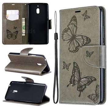 Embossing Double Butterfly Leather Wallet Case for Nokia 2.1 - Gray