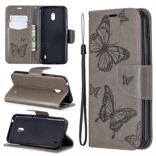 Embossing Double Butterfly Leather Wallet Case for Nokia 2.2 - Gray