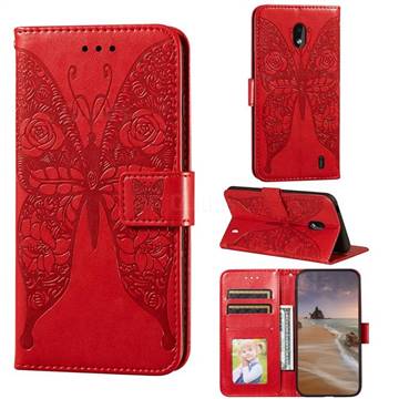 Intricate Embossing Rose Flower Butterfly Leather Wallet Case for Nokia 2.2 - Red