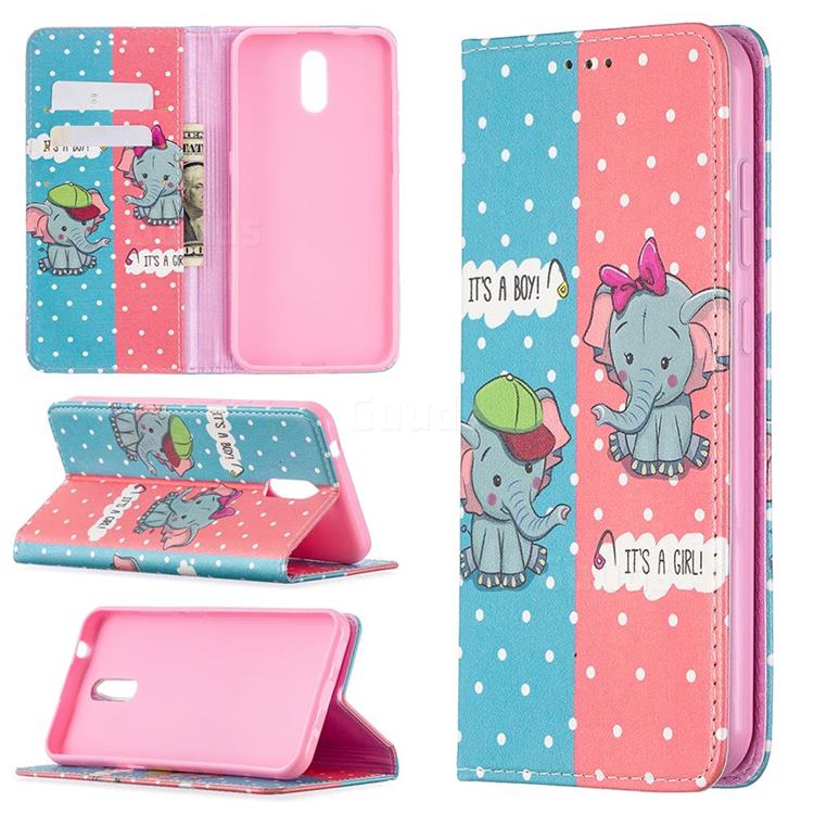 Elephant Boy and Girl Slim Magnetic Attraction Wallet Flip Cover for Nokia 2.3