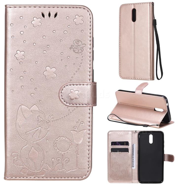 Embossing Bee and Cat Leather Wallet Case for Nokia 2.3 - Rose Gold