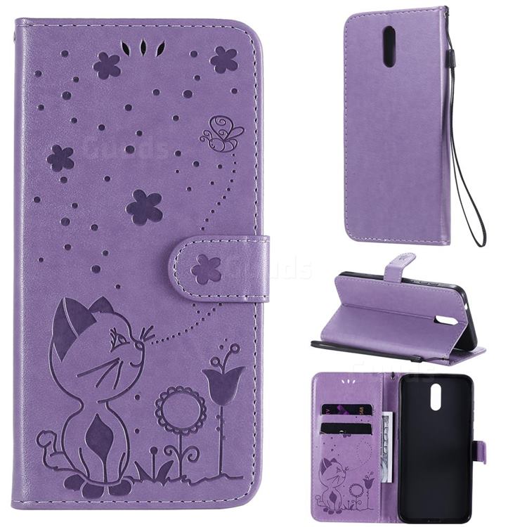 Embossing Bee and Cat Leather Wallet Case for Nokia 2.3 - Purple