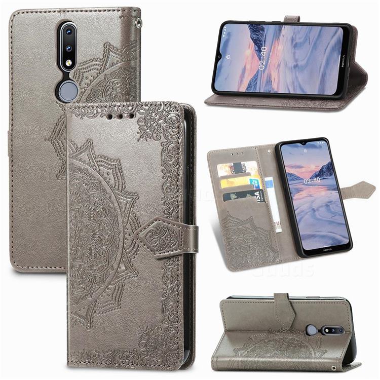 Embossing Imprint Mandala Flower Leather Wallet Case for Nokia 2.4 - Gray