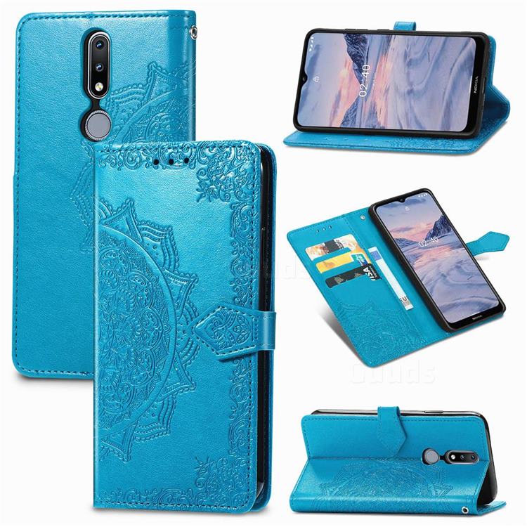 Embossing Imprint Mandala Flower Leather Wallet Case for Nokia 2.4 - Blue