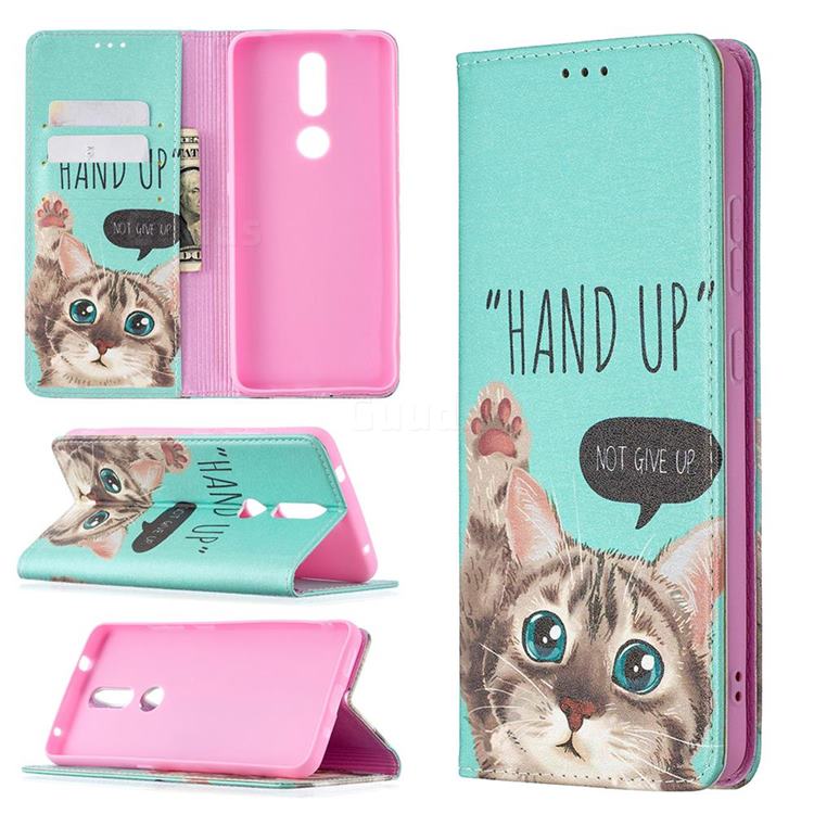 Hand Up Cat Slim Magnetic Attraction Wallet Flip Cover for Nokia 2.4