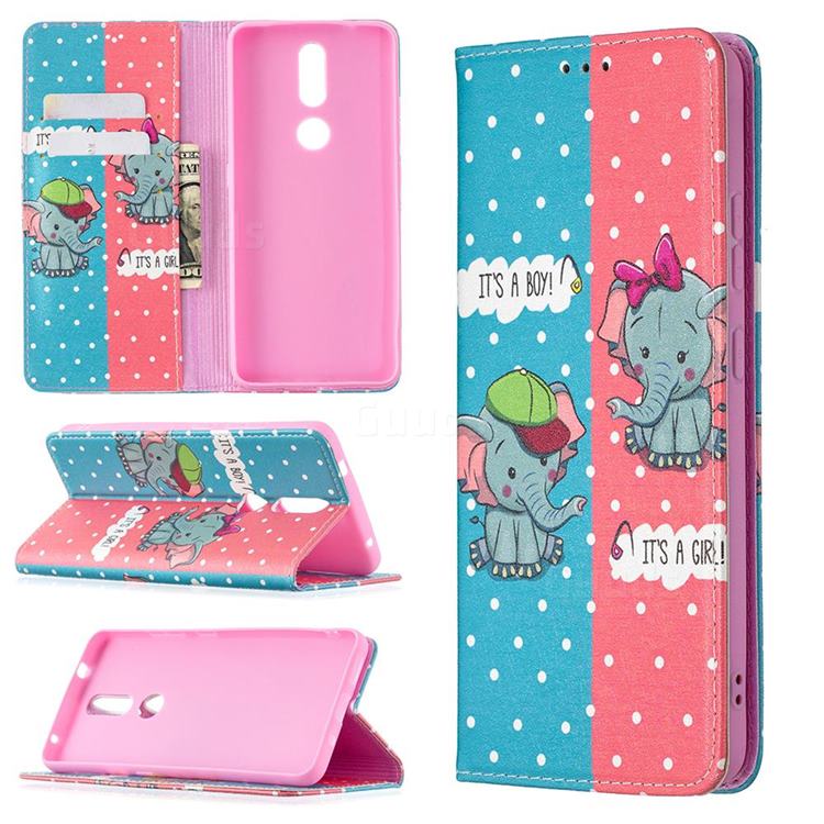 Elephant Boy and Girl Slim Magnetic Attraction Wallet Flip Cover for Nokia 2.4