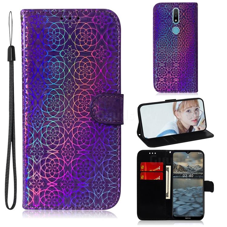 Laser Circle Shining Leather Wallet Phone Case for Nokia 2.4 - Purple