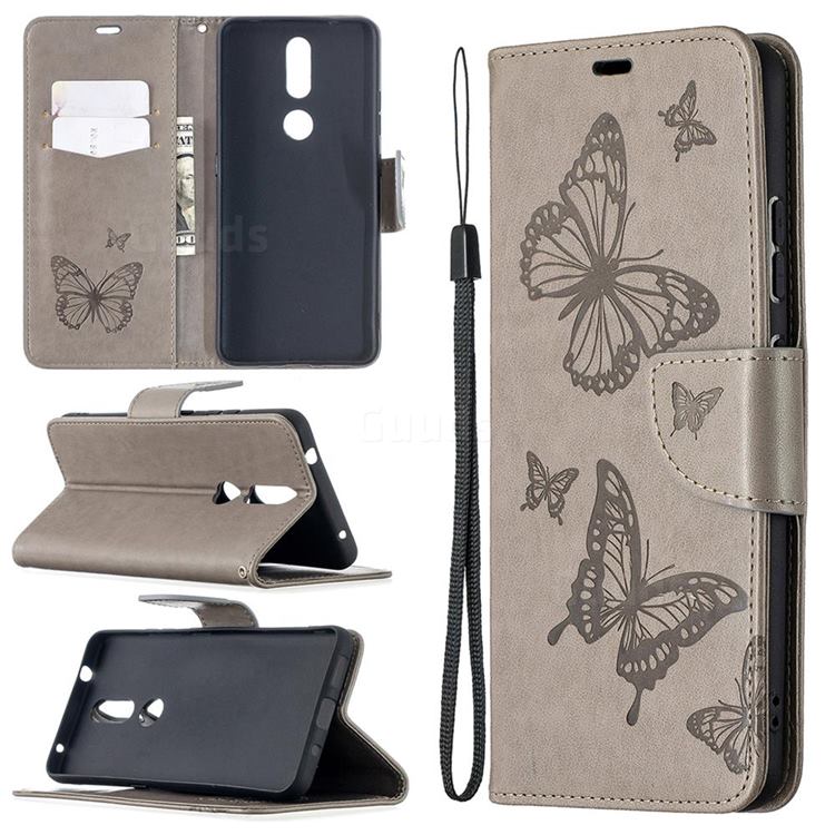Embossing Double Butterfly Leather Wallet Case for Nokia 2.4 - Gray