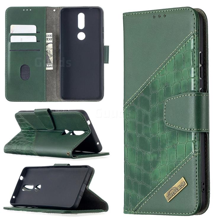 BinfenColor BF04 Color Block Stitching Crocodile Leather Case Cover for Nokia 2.4 - Green