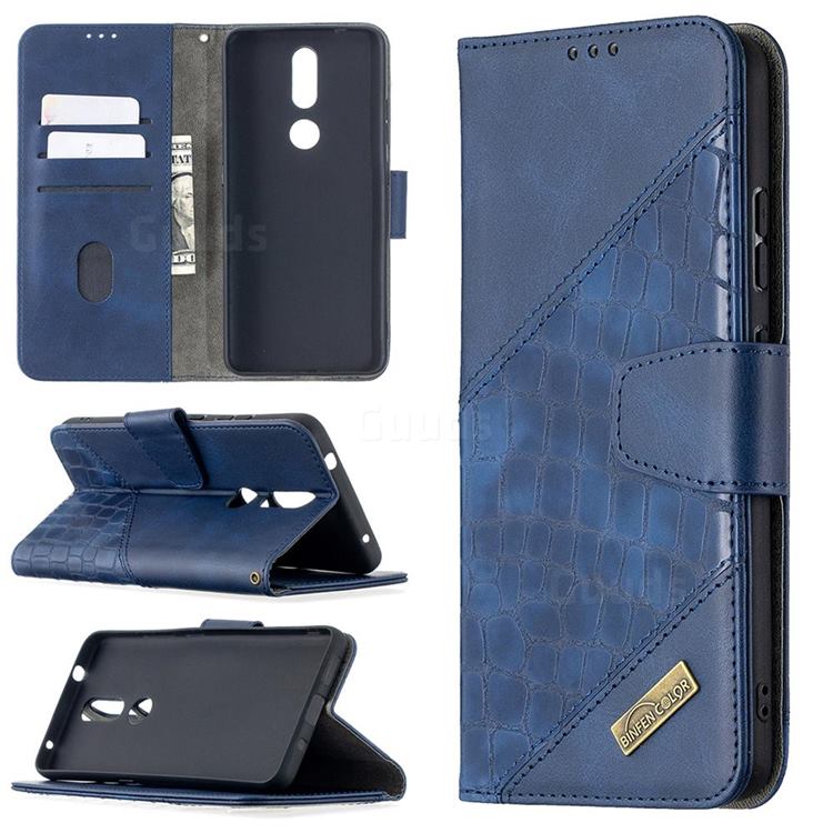 BinfenColor BF04 Color Block Stitching Crocodile Leather Case Cover for Nokia 2.4 - Blue
