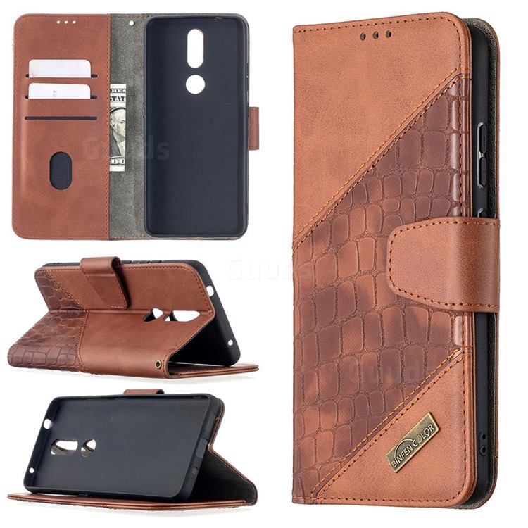 BinfenColor BF04 Color Block Stitching Crocodile Leather Case Cover for Nokia 2.4 - Brown