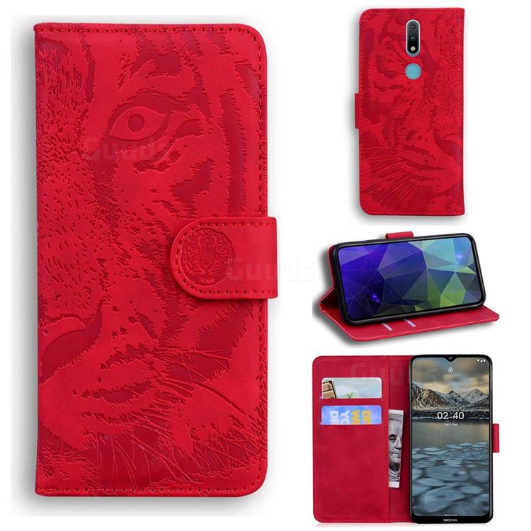 Intricate Embossing Tiger Face Leather Wallet Case for Nokia 2.4 - Red