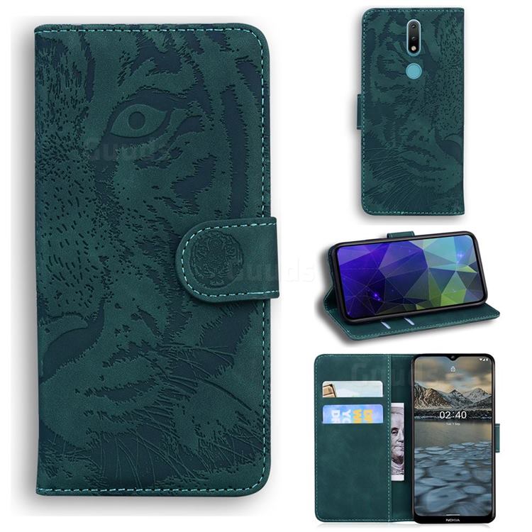 Intricate Embossing Tiger Face Leather Wallet Case for Nokia 2.4 - Green