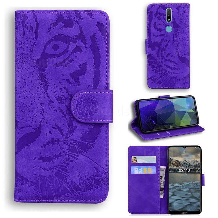 Intricate Embossing Tiger Face Leather Wallet Case for Nokia 2.4 - Purple