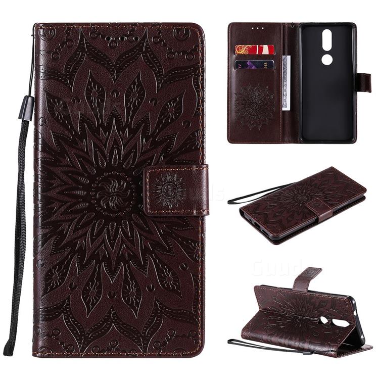 Embossing Sunflower Leather Wallet Case for Nokia 2.4 - Brown