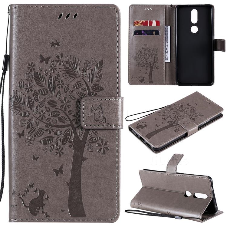Embossing Butterfly Tree Leather Wallet Case for Nokia 2.4 - Grey