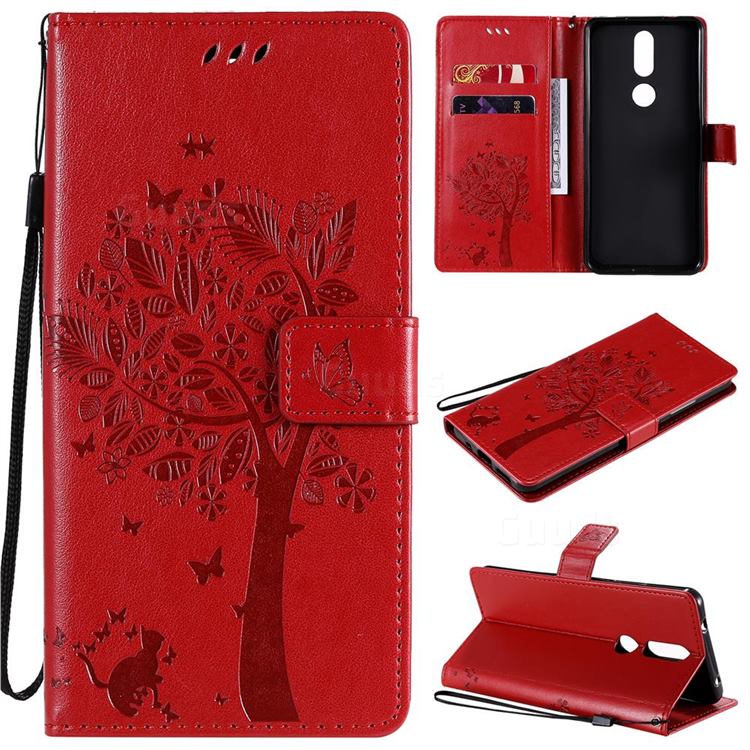 Embossing Butterfly Tree Leather Wallet Case for Nokia 2.4 - Red