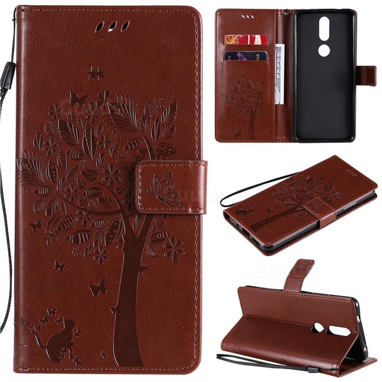 Embossing Butterfly Tree Leather Wallet Case for Nokia 2.4 - Coffee