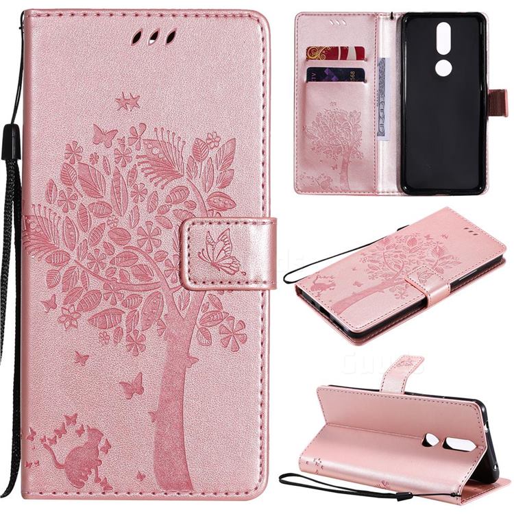Embossing Butterfly Tree Leather Wallet Case for Nokia 2.4 - Rose Pink