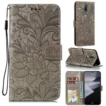 Intricate Embossing Lace Jasmine Flower Leather Wallet Case for Nokia 2.4 - Gray