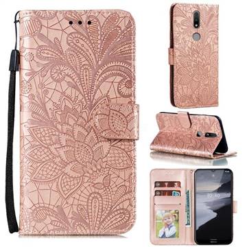 Intricate Embossing Lace Jasmine Flower Leather Wallet Case for Nokia 2.4 - Rose Gold