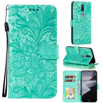 Intricate Embossing Lace Jasmine Flower Leather Wallet Case for Nokia 2.4 - Green