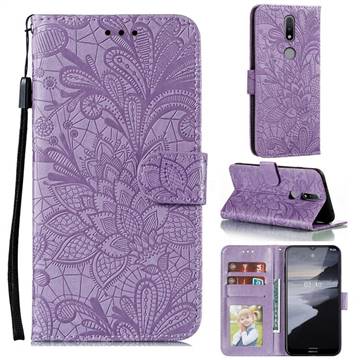 Intricate Embossing Lace Jasmine Flower Leather Wallet Case for Nokia 2.4 - Purple