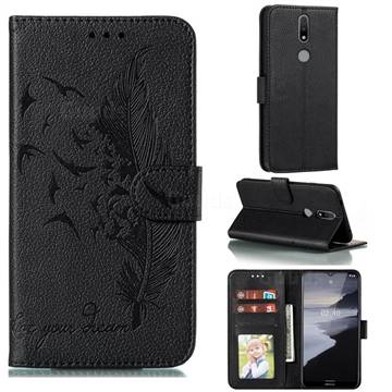 Intricate Embossing Lychee Feather Bird Leather Wallet Case for Nokia 2.4 - Black