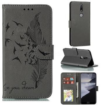 Intricate Embossing Lychee Feather Bird Leather Wallet Case for Nokia 2.4 - Gray