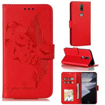 Intricate Embossing Lychee Feather Bird Leather Wallet Case for Nokia 2.4 - Red