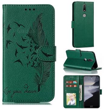 Intricate Embossing Lychee Feather Bird Leather Wallet Case for Nokia 2.4 - Green