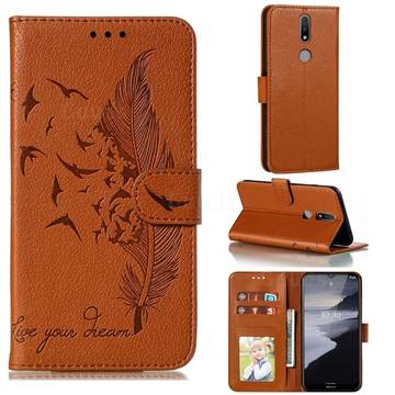 Intricate Embossing Lychee Feather Bird Leather Wallet Case for Nokia 2.4 - Brown