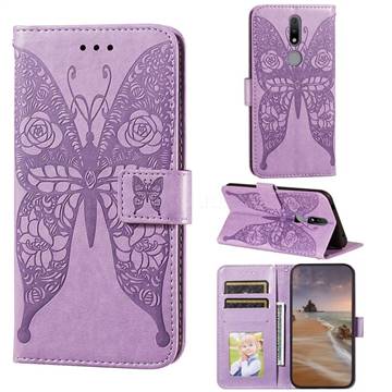 Intricate Embossing Rose Flower Butterfly Leather Wallet Case for Nokia 2.4 - Purple