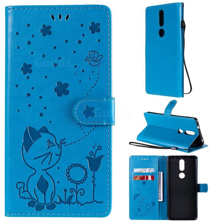 Embossing Bee and Cat Leather Wallet Case for Nokia 2.4 - Blue