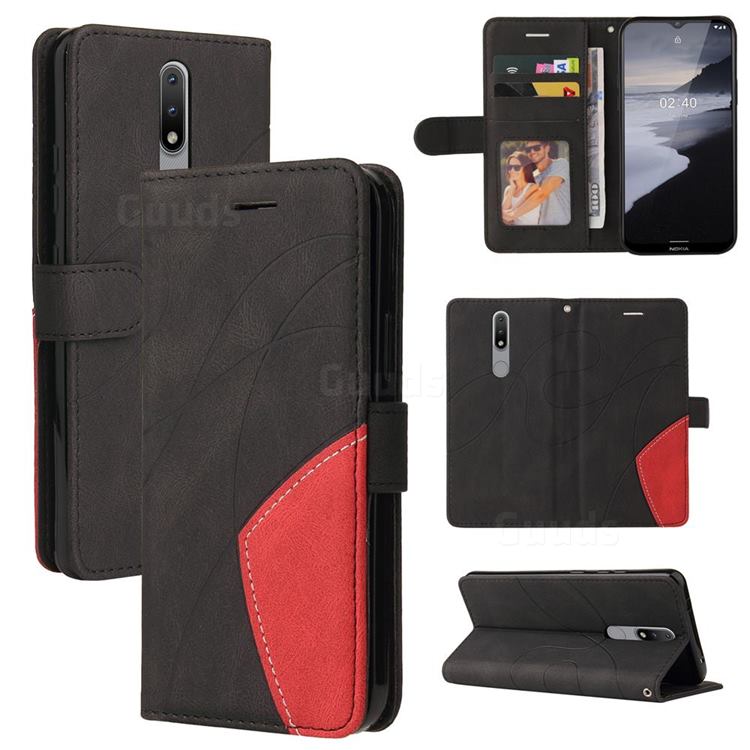 Luxury Two-color Stitching Leather Wallet Case Cover for Nokia 2.4 - Black