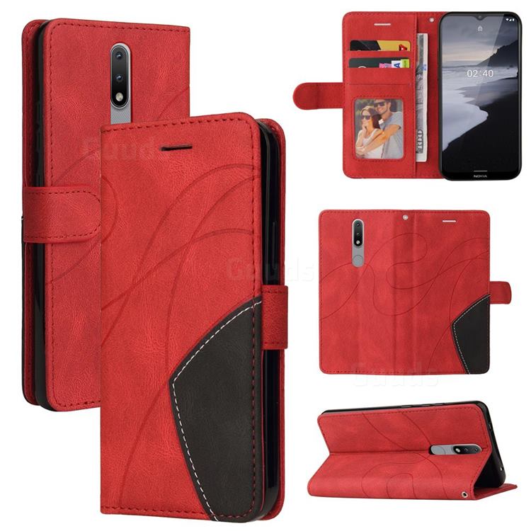 Luxury Two-color Stitching Leather Wallet Case Cover for Nokia 2.4 - Red