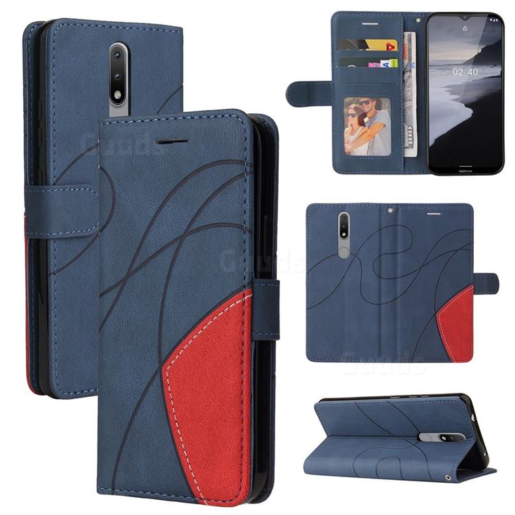 Luxury Two-color Stitching Leather Wallet Case Cover for Nokia 2.4 - Blue