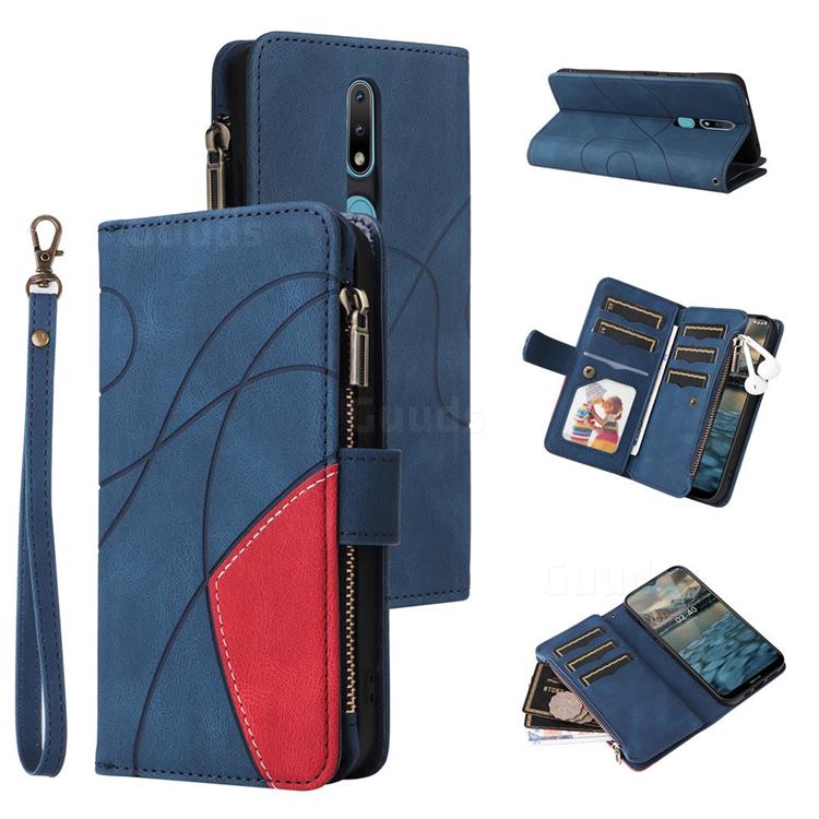 Luxury Two-color Stitching Multi-function Zipper Leather Wallet Case Cover for Nokia 2.4 - Blue