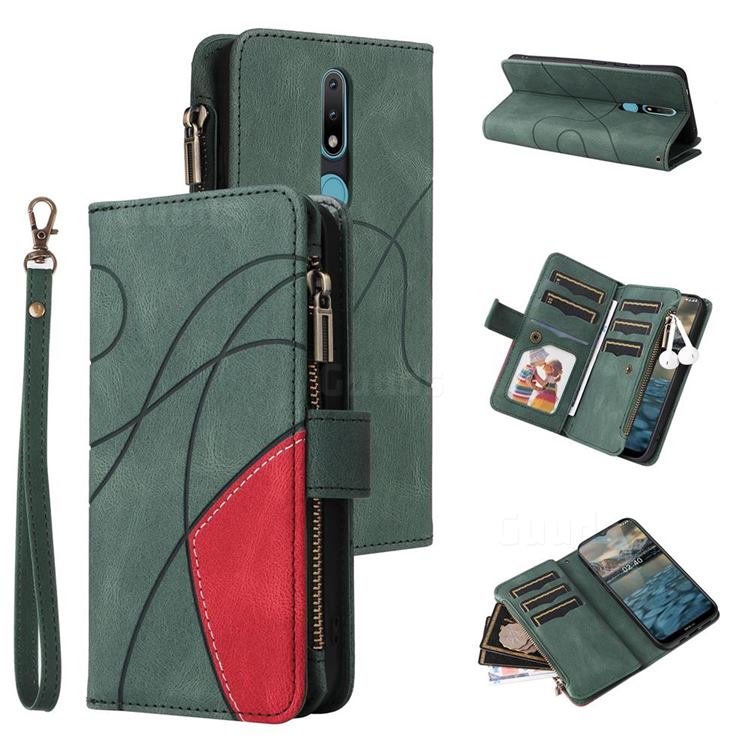 Luxury Two-color Stitching Multi-function Zipper Leather Wallet Case Cover for Nokia 2.4 - Green