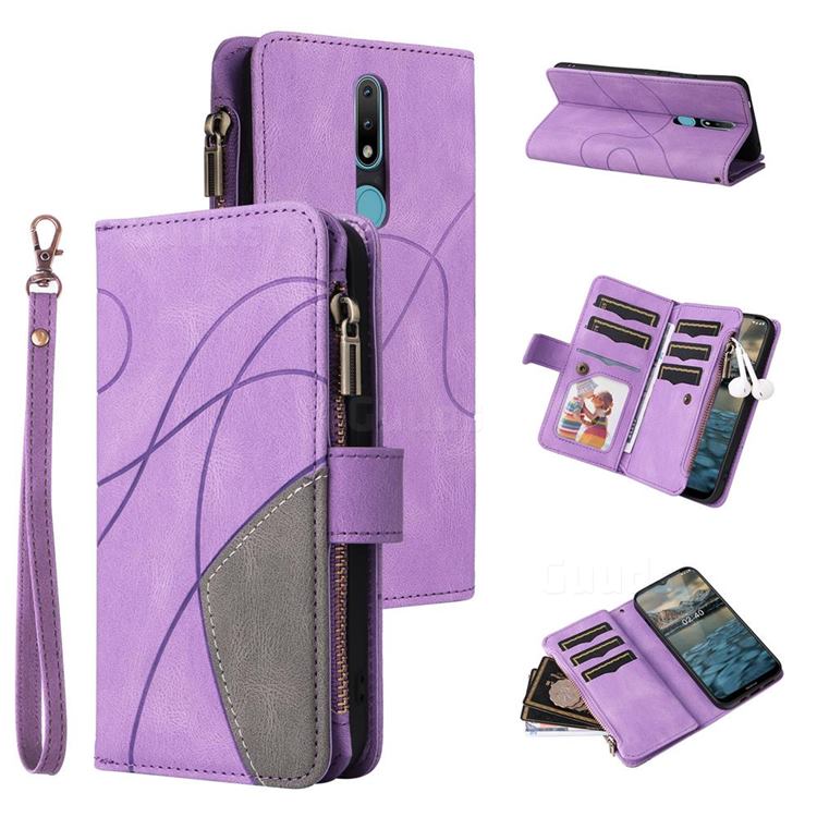 Luxury Two-color Stitching Multi-function Zipper Leather Wallet Case Cover for Nokia 2.4 - Purple