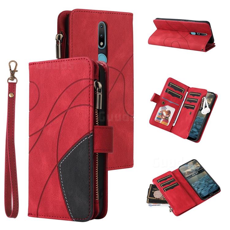 Luxury Two-color Stitching Multi-function Zipper Leather Wallet Case Cover for Nokia 2.4 - Red