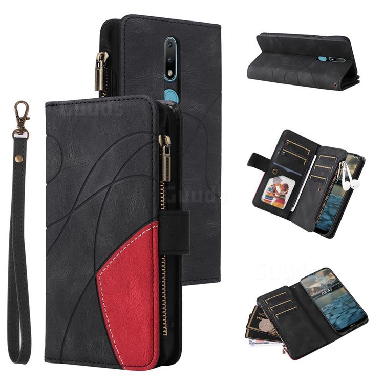 Luxury Two-color Stitching Multi-function Zipper Leather Wallet Case Cover for Nokia 2.4 - Black