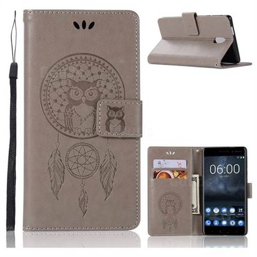 Intricate Embossing Owl Campanula Leather Wallet Case for Nokia 3 Nokia3 - Grey
