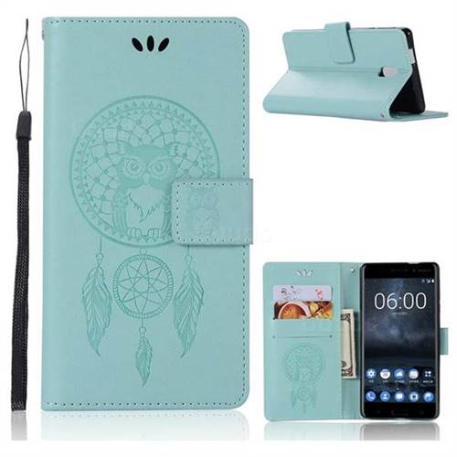 Intricate Embossing Owl Campanula Leather Wallet Case for Nokia 3 Nokia3 - Green